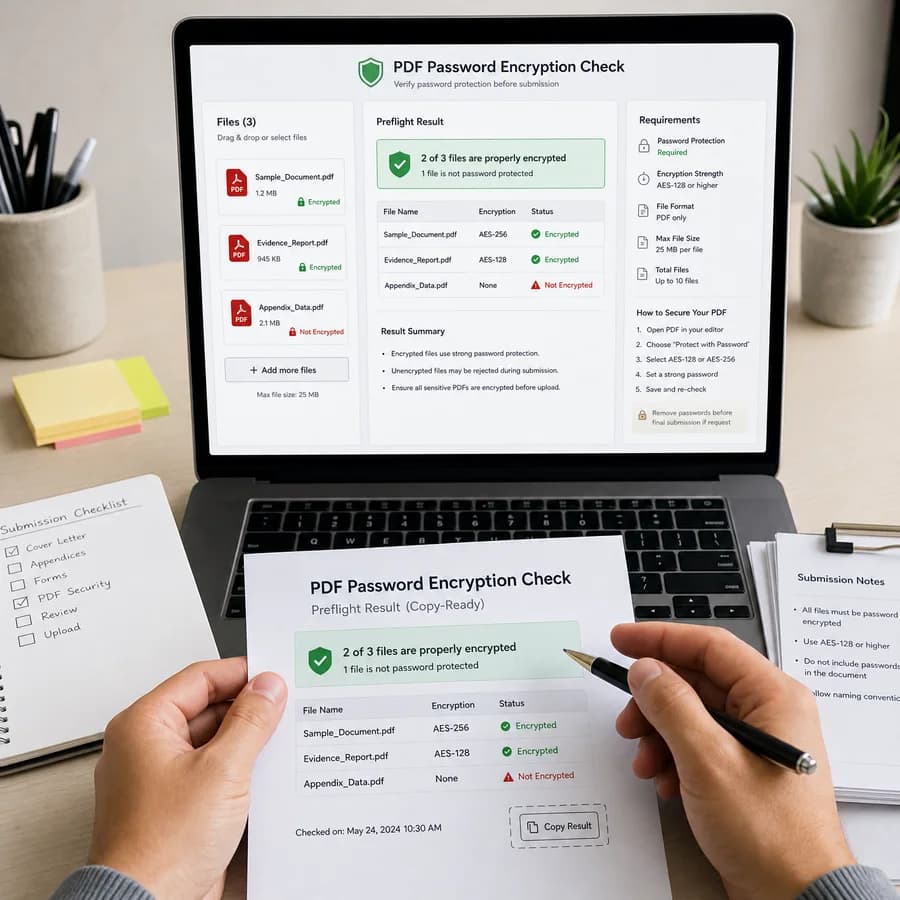 PDF Password Encryption Checker preview showing a browser preflight checklist and source-backed verification results
