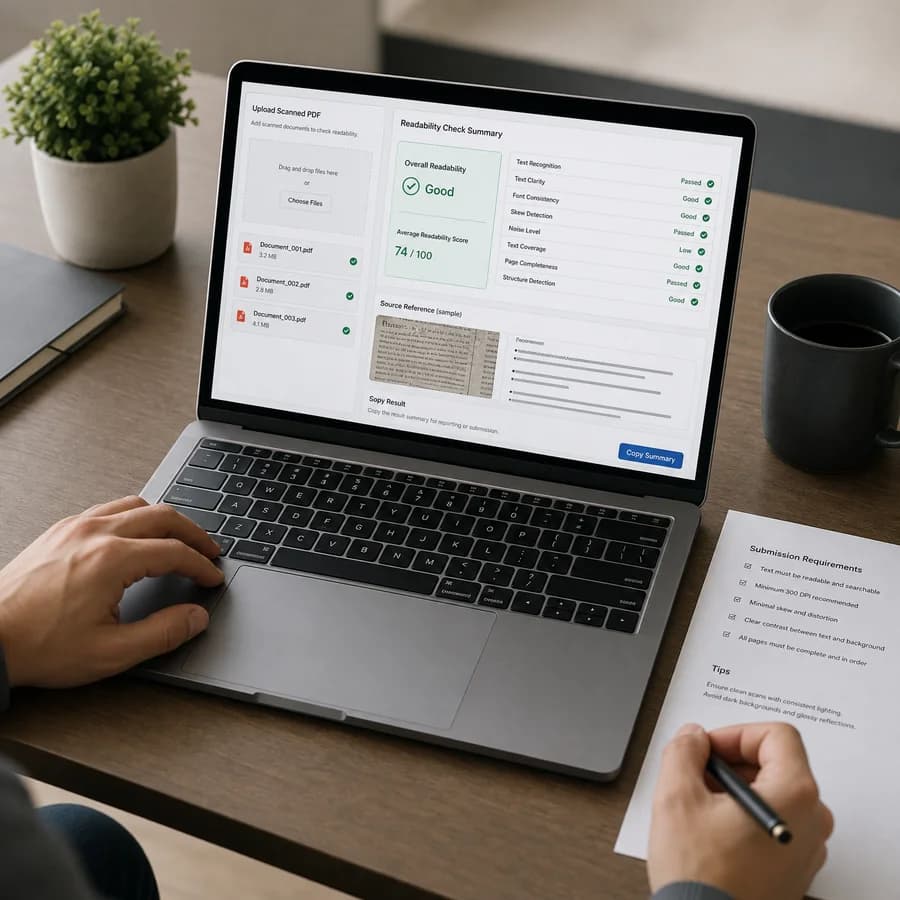 PDF Scanned Text Readability Checker preview showing a browser preflight checklist and source-backed verification results
