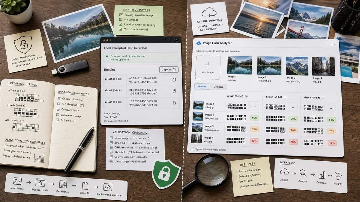 Perceptual Hash Generator vs AI Photo Check Image Hash Calculator visual comparison of perceptual hash generator workflows