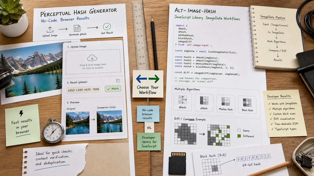 Perceptual Hash Generator vs Alt-Image-Hash visual comparison of perceptual hash generator workflows