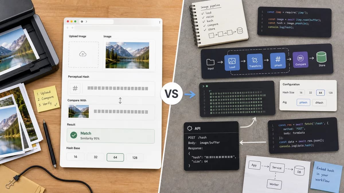 Perceptual Hash Generator vs Jimp hash visual comparison of perceptual hash generator workflows