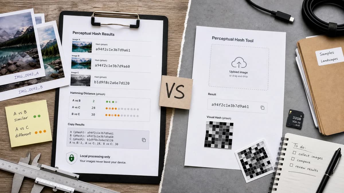 Perceptual Hash Generator vs Oyyi Perceptual Hash Tool visual comparison of perceptual hash generator workflows
