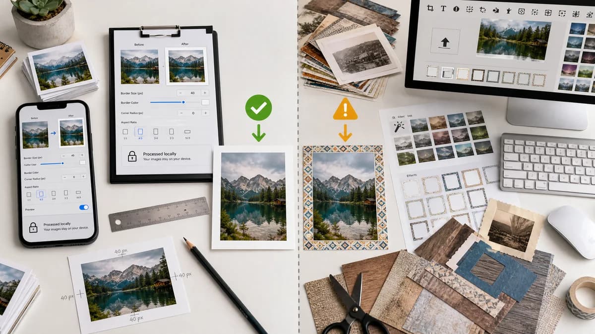Photo Border Maker vs LunaPic Border Tool visual comparison of photo border maker workflows