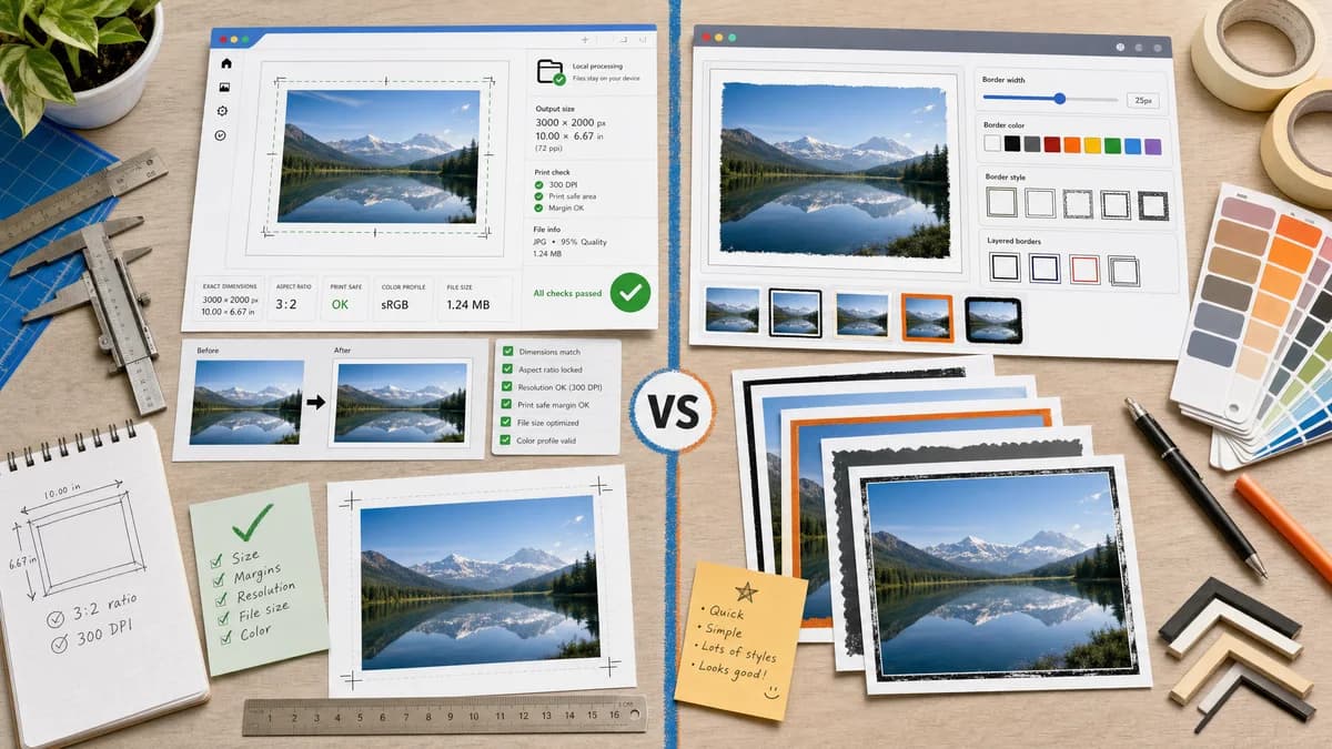 Photo Border Maker vs Tuxpi Image Border Editor visual comparison of photo border maker workflows