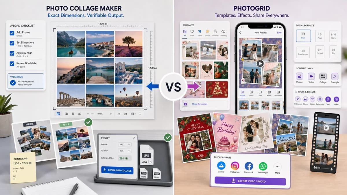 Photo Collage Maker vs PhotoGrid visual comparison of image optimization workflows