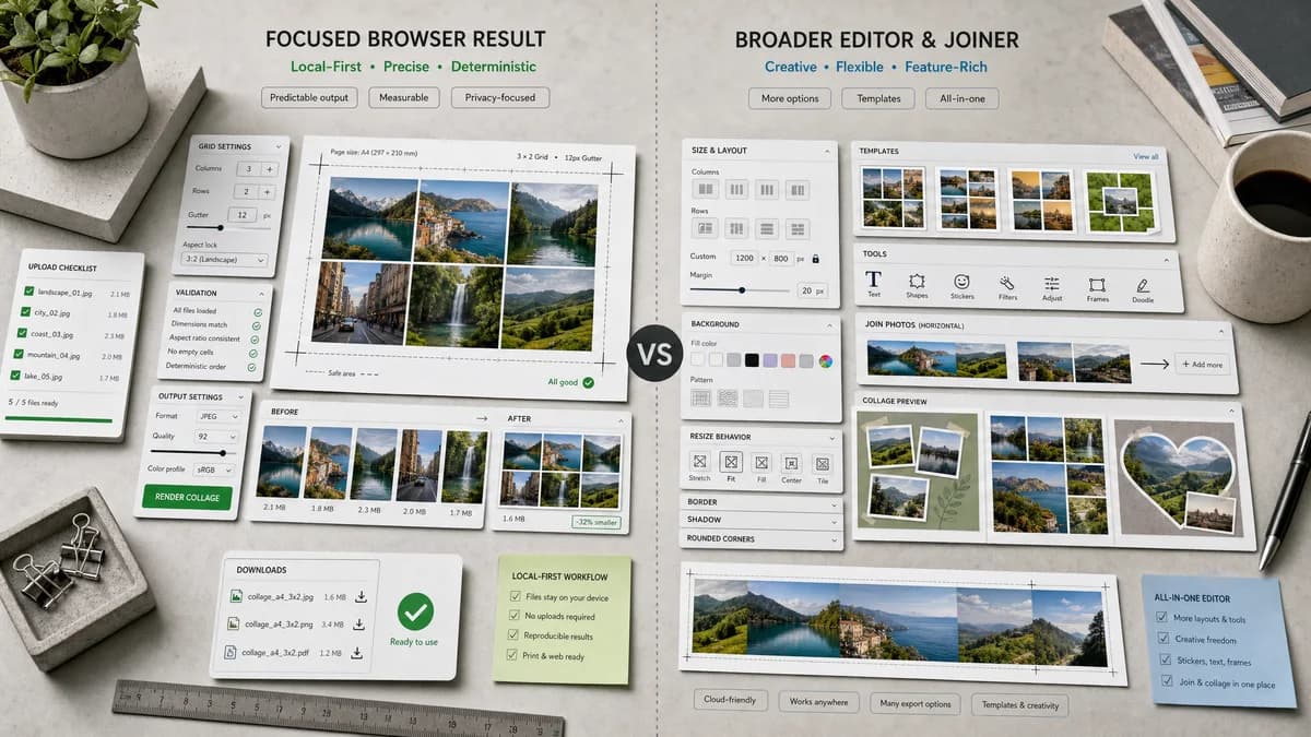 Photo Collage Maker vs PhotoJoiner visual comparison of image optimization workflows