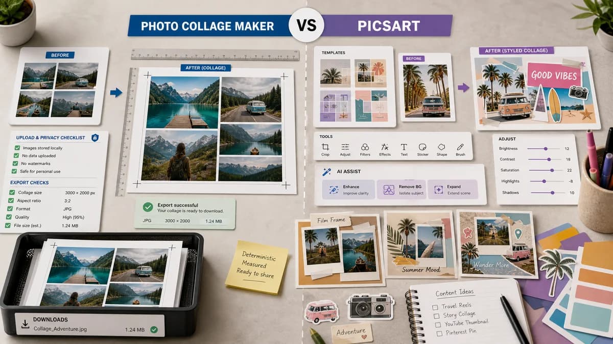 Photo Collage Maker vs Picsart visual comparison of image optimization workflows
