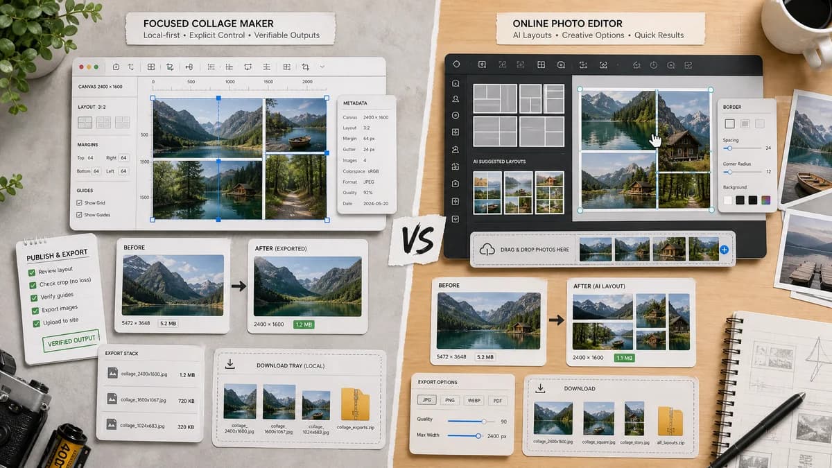 Photo Collage Maker vs Pixlr visual comparison of image optimization workflows