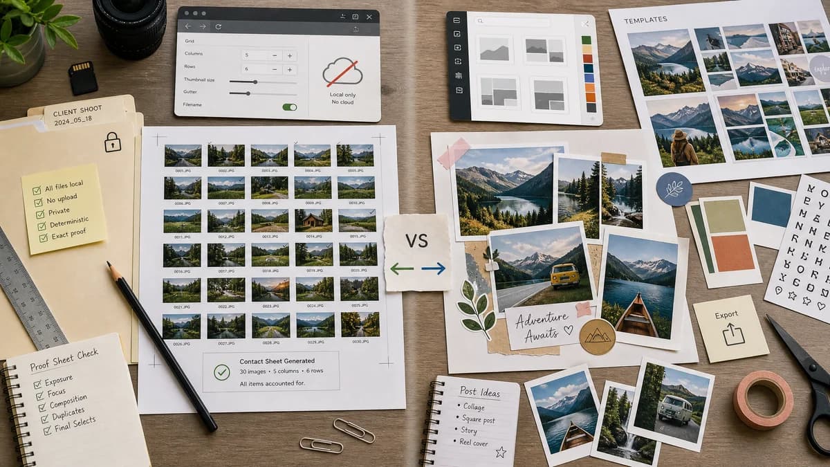 Photo Contact Sheet Maker vs Adobe Express Photo Collage Maker visual comparison of photo contact sheet maker workflows