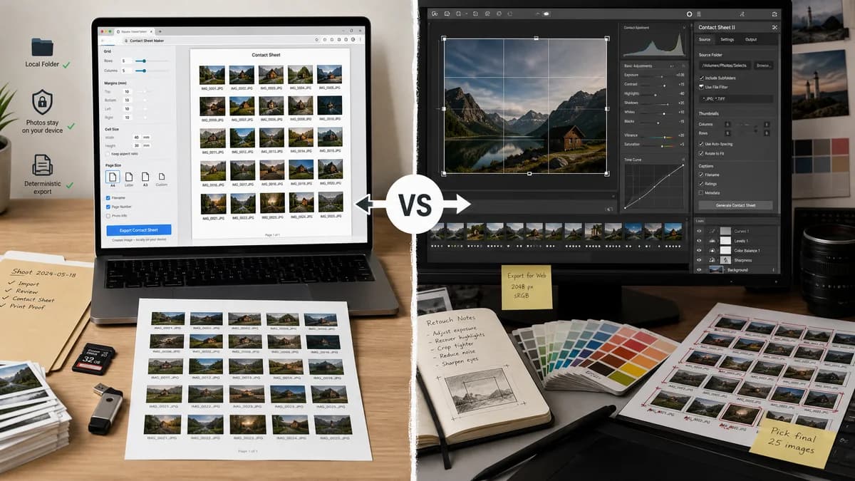 Photo Contact Sheet Maker vs Adobe Photoshop Contact Sheet II visual comparison of photo contact sheet maker workflows