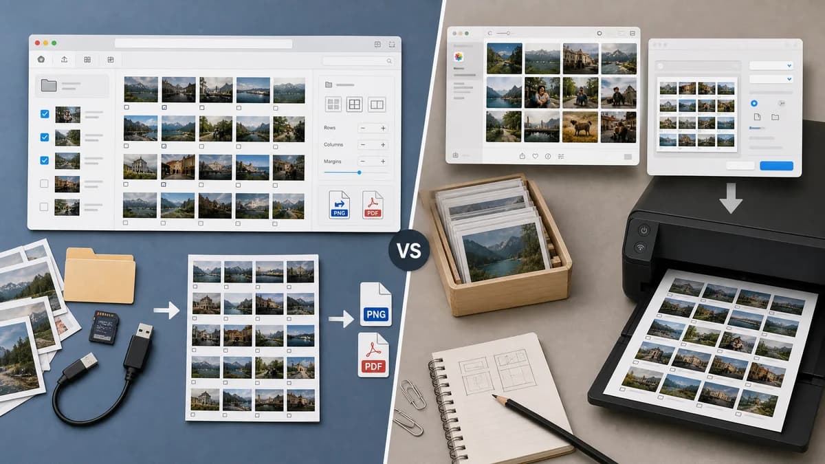 Photo Contact Sheet Maker vs Apple Photos Contact Sheet Printing visual comparison of photo contact sheet maker workflows