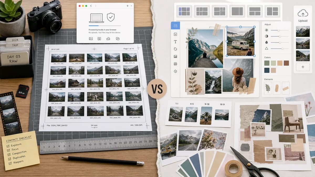 Photo Contact Sheet Maker vs Canva Photo Collage Maker visual comparison of photo contact sheet maker workflows