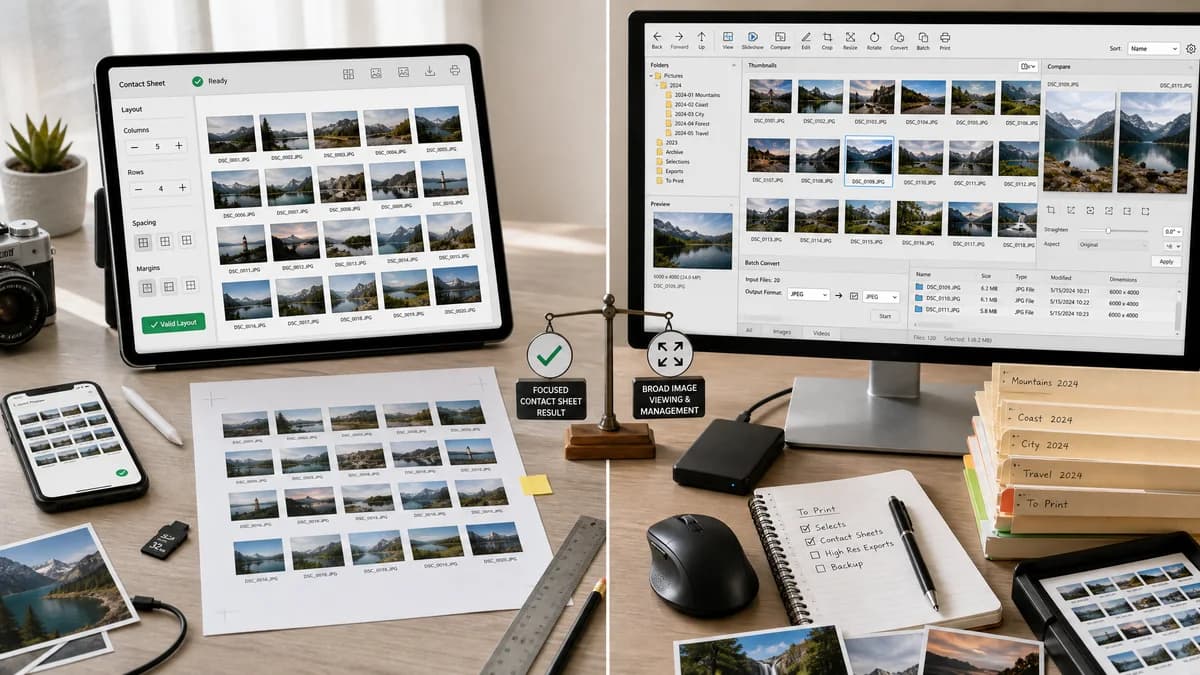 Photo Contact Sheet Maker vs FastStone Image Viewer visual comparison of photo contact sheet maker workflows