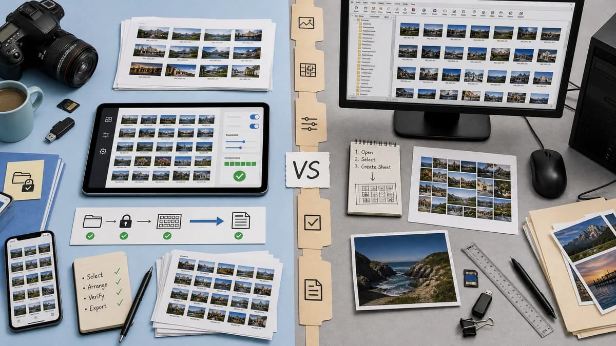 Photo Contact Sheet Maker vs IrfanView visual comparison of photo contact sheet maker workflows