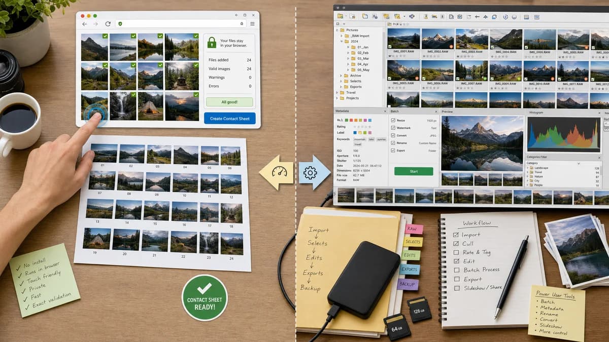 Photo Contact Sheet Maker vs XnView MP visual comparison of photo contact sheet maker workflows