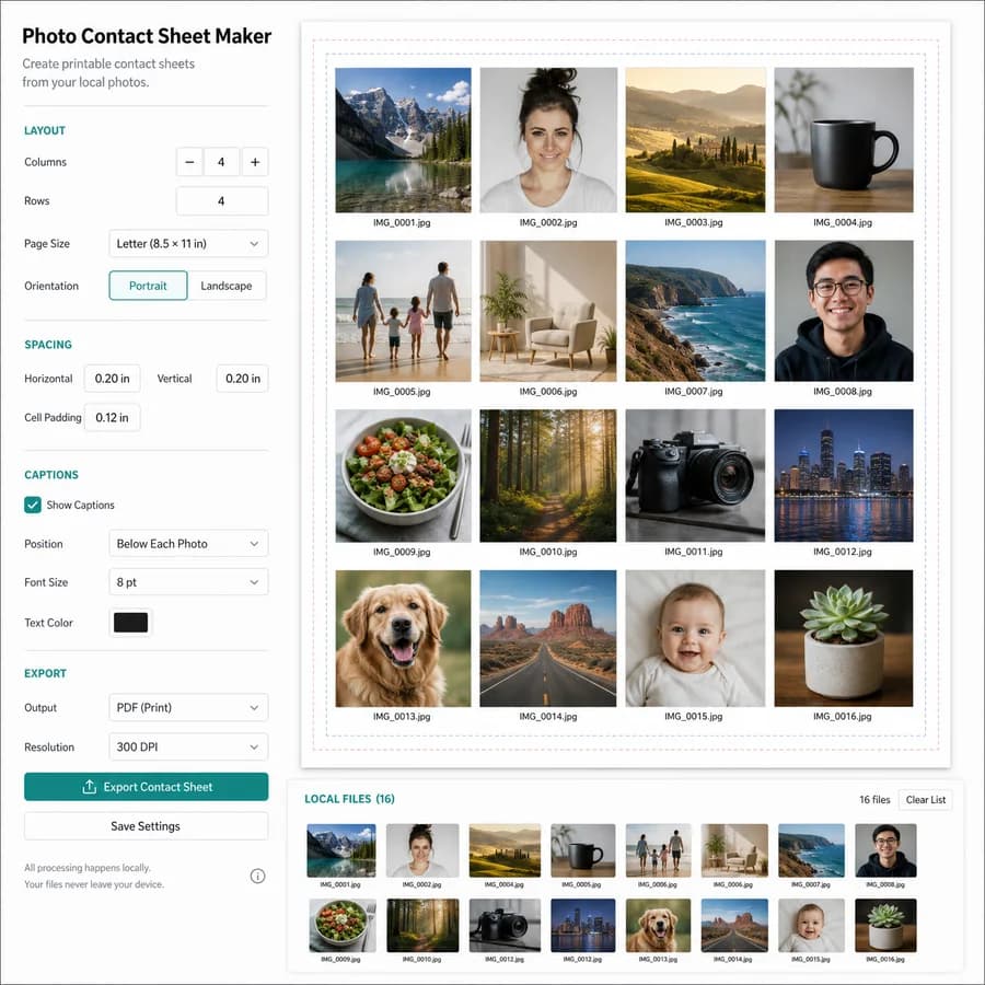 Photo Contact Sheet Maker preview showing a printable grid of photo thumbnails with filename labels and layout controls