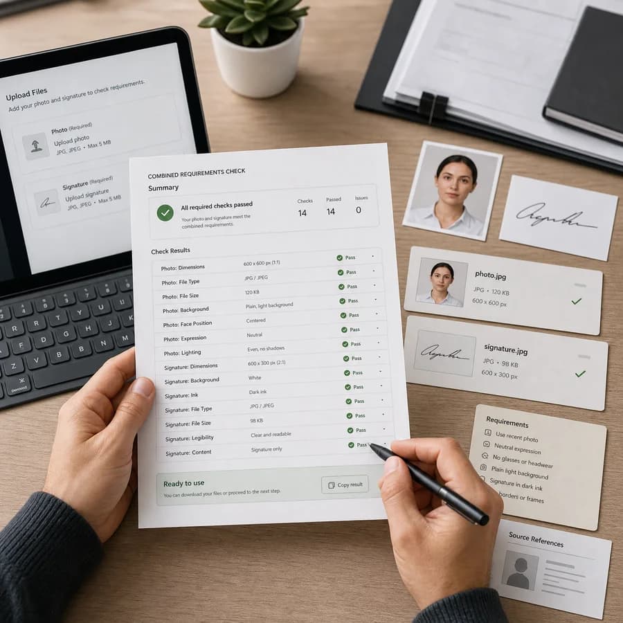 Photo Signature Combined Requirements Checker preview showing a browser preflight checklist and source-backed verification results