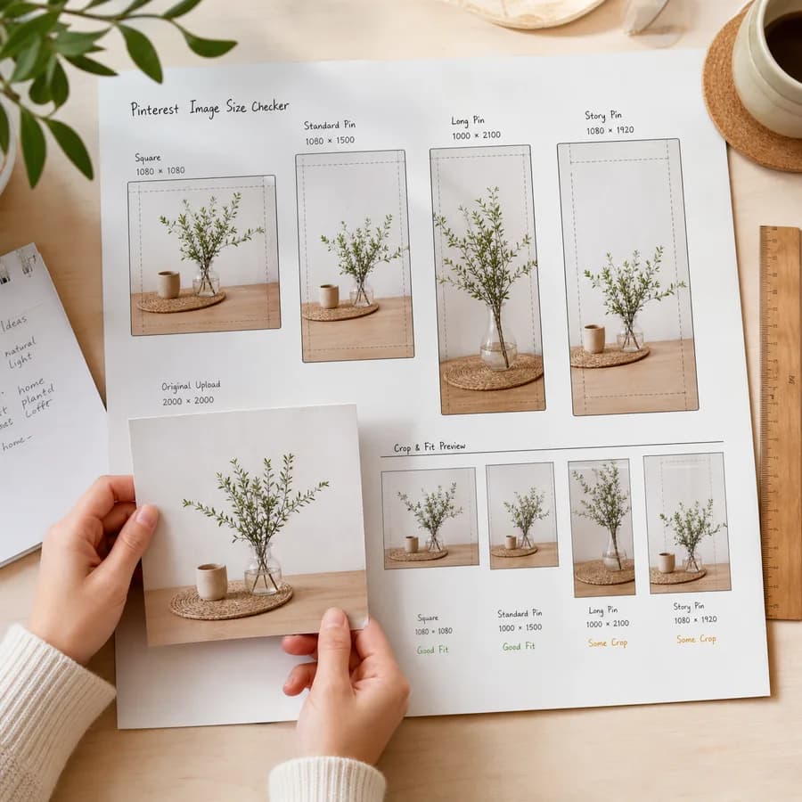 Pinterest Image Size Checker preview showing social media image dimensions being checked against placement cards