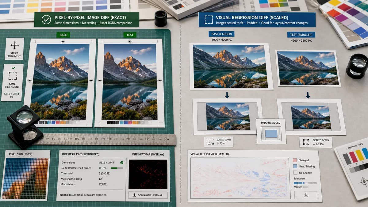 Pixel-by-Pixel Image Diff vs WebUtility Image Diff visual comparison of image optimization workflows