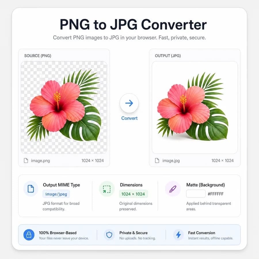 PNG to JPG Converter preview showing a transparent PNG flattened to a JPG with matte color controls