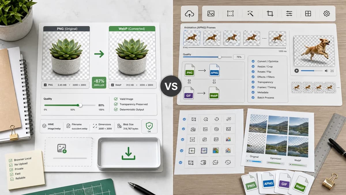 PNG to WebP Converter vs Ezgif visual comparison of image optimization workflows