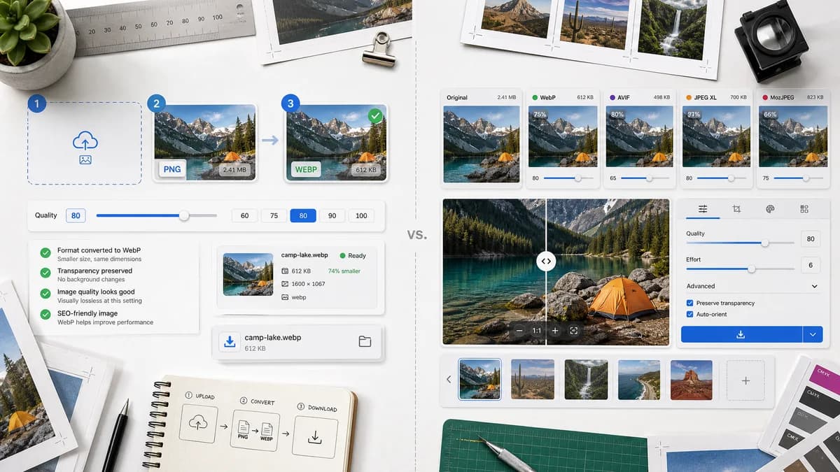 PNG to WebP Converter vs Squoosh visual comparison of image optimization workflows