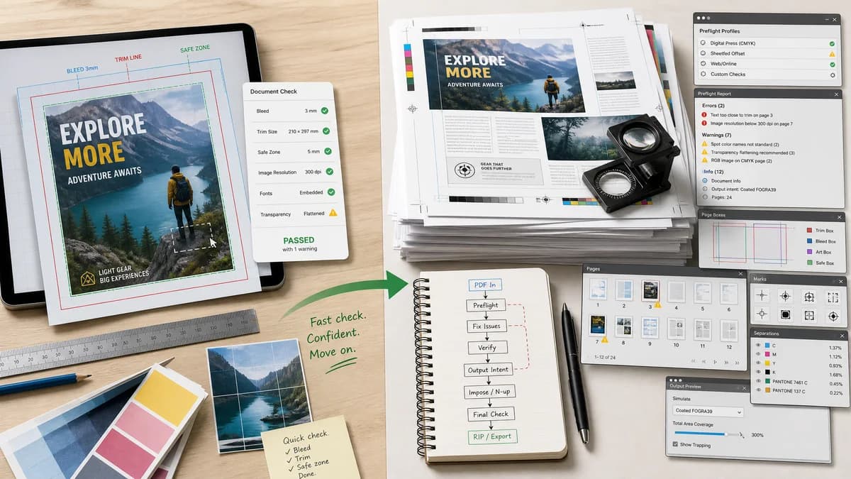 Print Bleed Border Checker vs Adobe Acrobat Pro Preflight visual comparison of print bleed border checker workflows