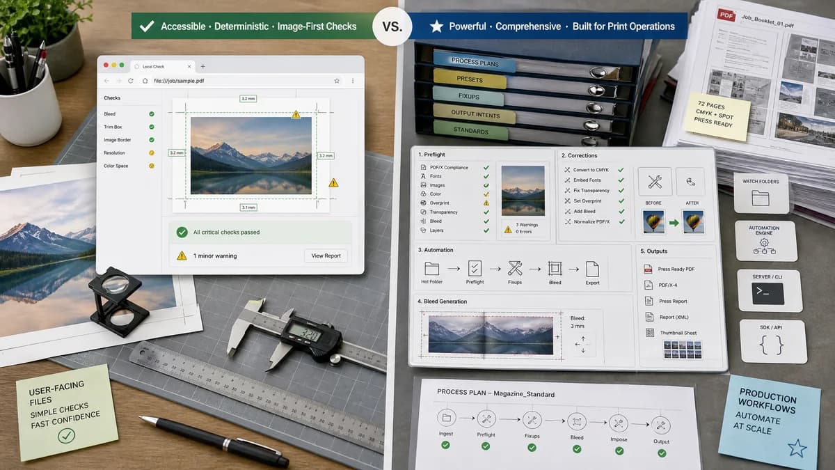 Print Bleed Border Checker vs callas pdfToolbox visual comparison of print bleed border checker workflows