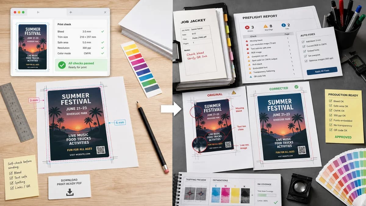 Print Bleed Border Checker vs Enfocus PitStop Pro visual comparison of print bleed border checker workflows