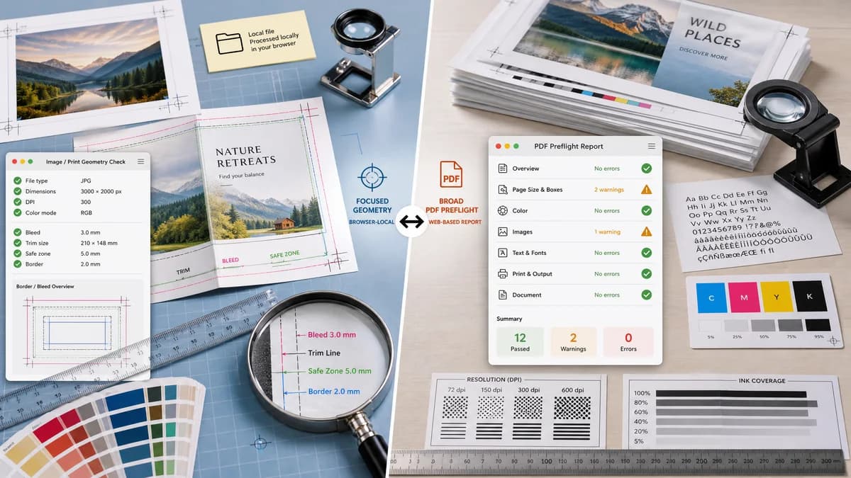 Print Bleed Border Checker vs Mailpro / MPA Free PDF Preflight Check visual comparison of print bleed border checker workflows