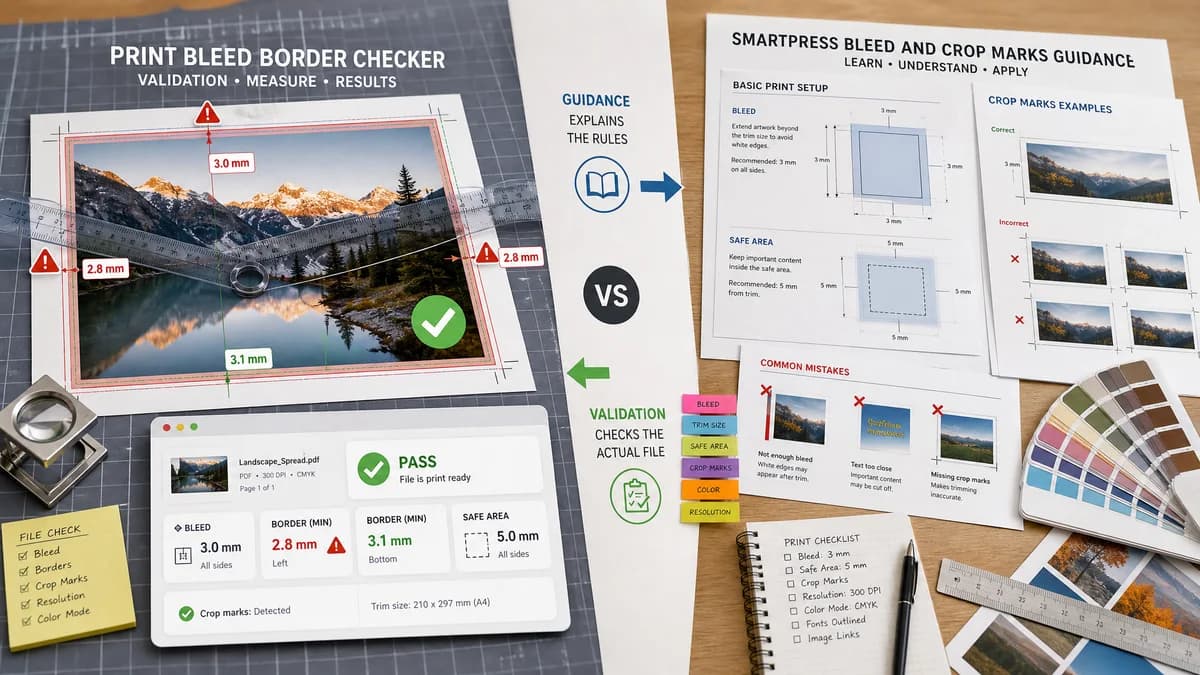 Print Bleed Border Checker vs Smartpress Bleed and Crop Marks Guidance visual comparison of print bleed border checker workflows
