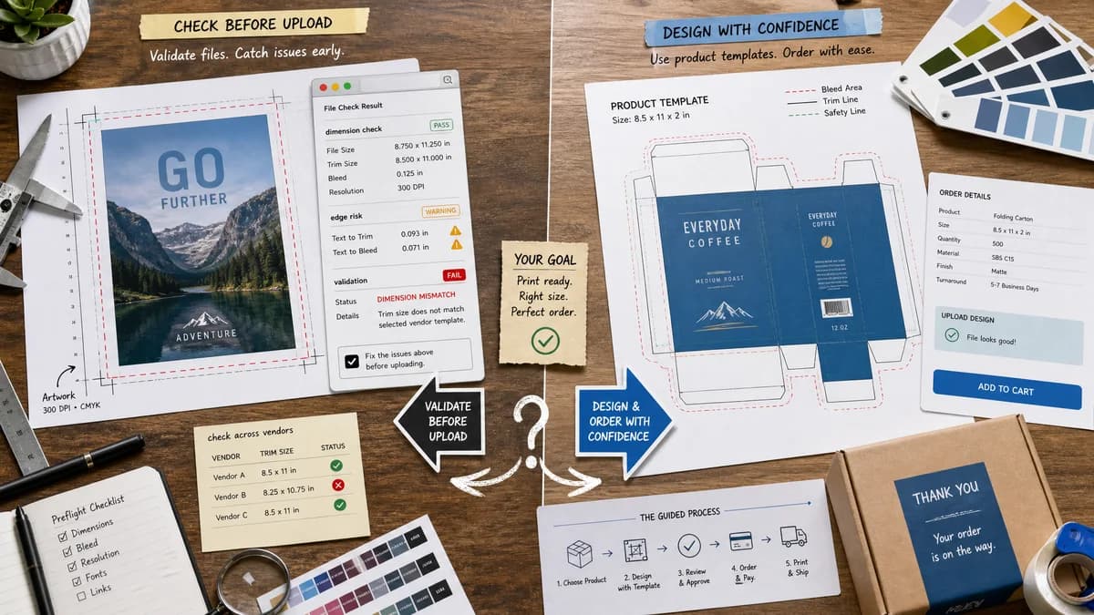 Print Bleed Border Checker vs VistaPrint Design Studio visual comparison of print bleed border checker workflows