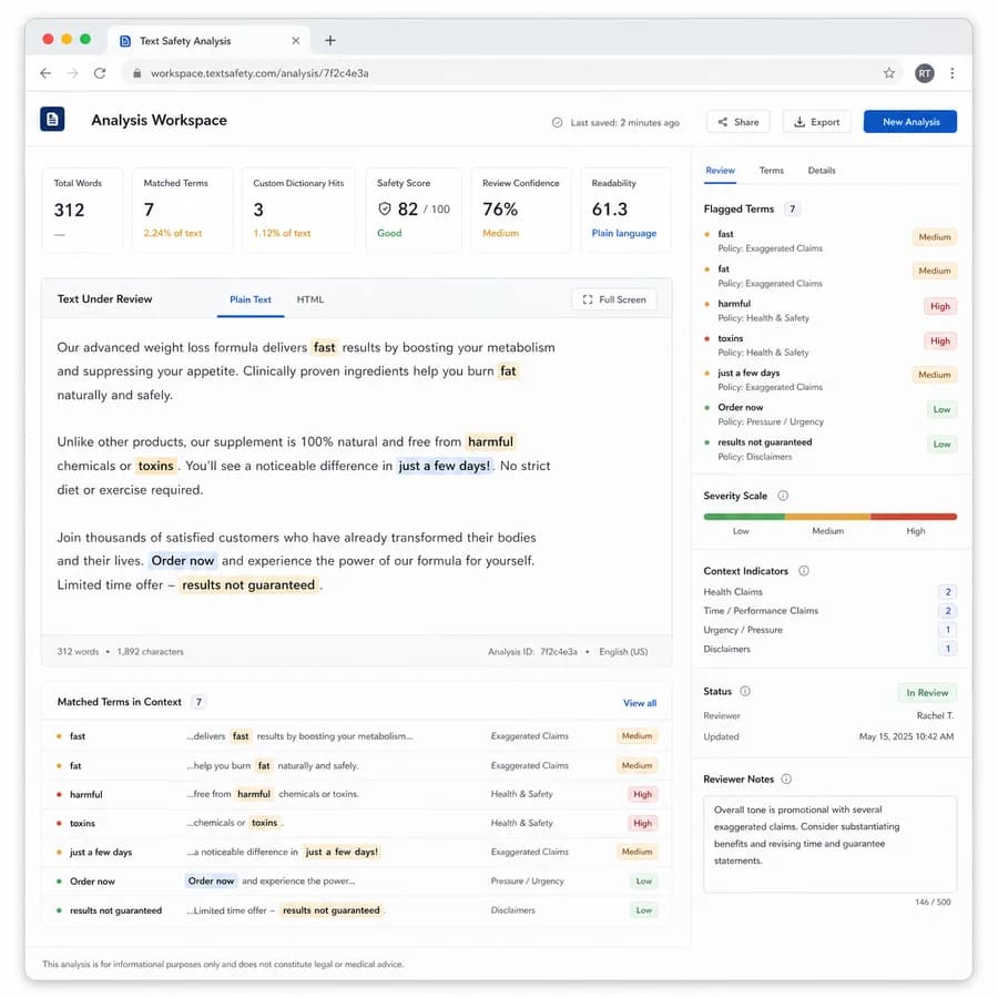 Profanity and Custom Blocklist Checker browser interface preview with text metrics and result panels