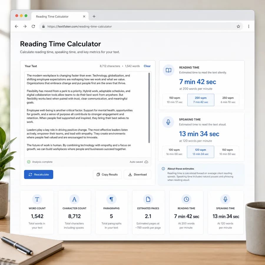 Reading Time Calculator browser interface preview with text metrics and result panels