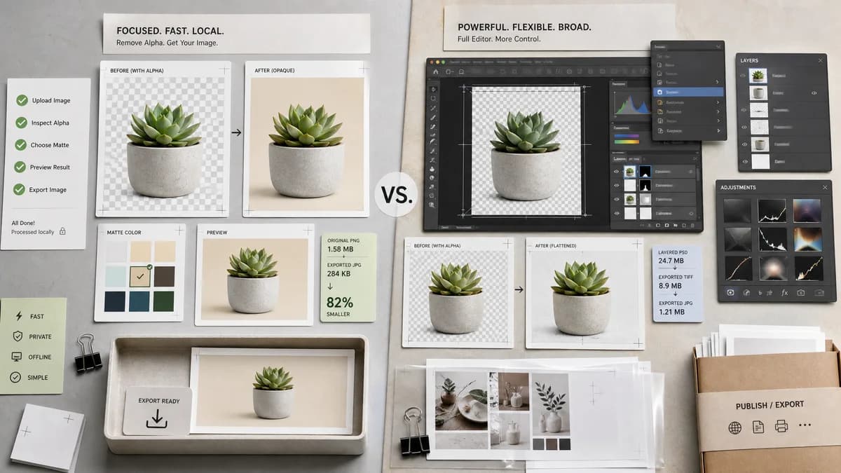 Remove Alpha Channel vs Adobe Photoshop visual comparison of image optimization workflows