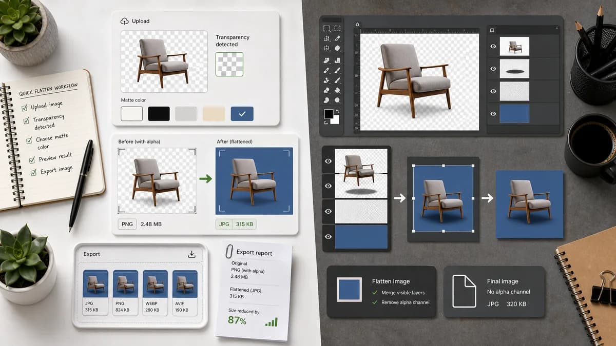 Remove Alpha Channel vs GIMP Flatten Image visual comparison of image optimization workflows