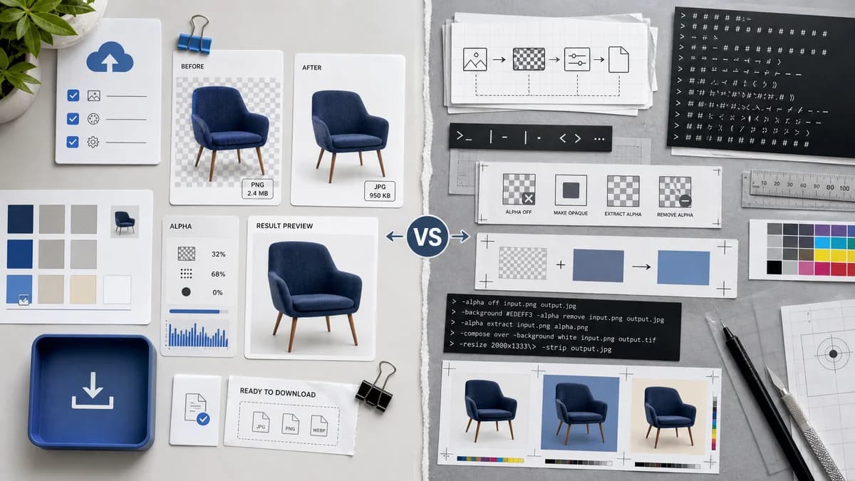 Remove Alpha Channel vs ImageMagick visual comparison of image optimization workflows