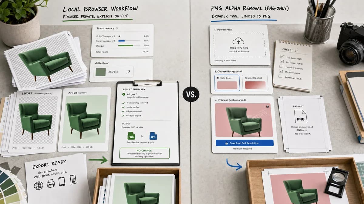 Remove Alpha Channel vs Online PNG Tools PNG Alpha Channel Remover visual comparison of image optimization workflows