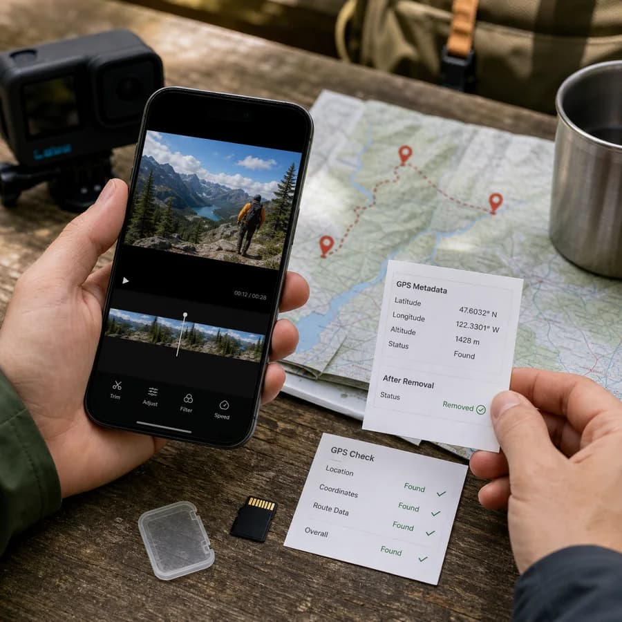 Remove GPS From Video preview showing video location metadata being checked with route and map clues