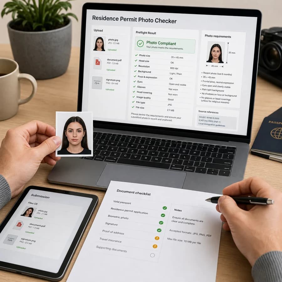 Residence Permit Photo Checker preview showing a browser preflight checklist and source-backed verification results