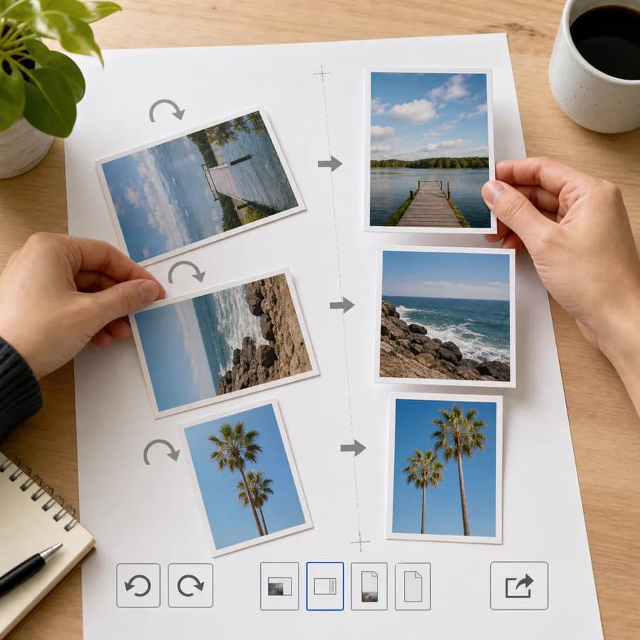 Rotate PDF Pages preview showing image orientation correction with before and after photo cards