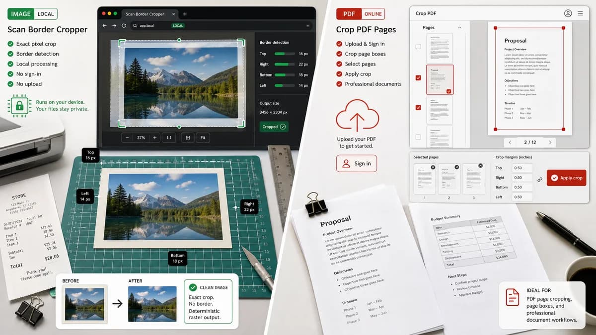Scan Border Cropper vs Adobe Acrobat Crop PDF visual comparison of scan border cropper workflows