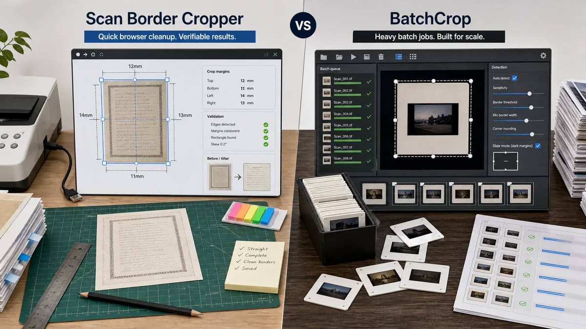 Scan Border Cropper vs BatchCrop visual comparison of scan border cropper workflows