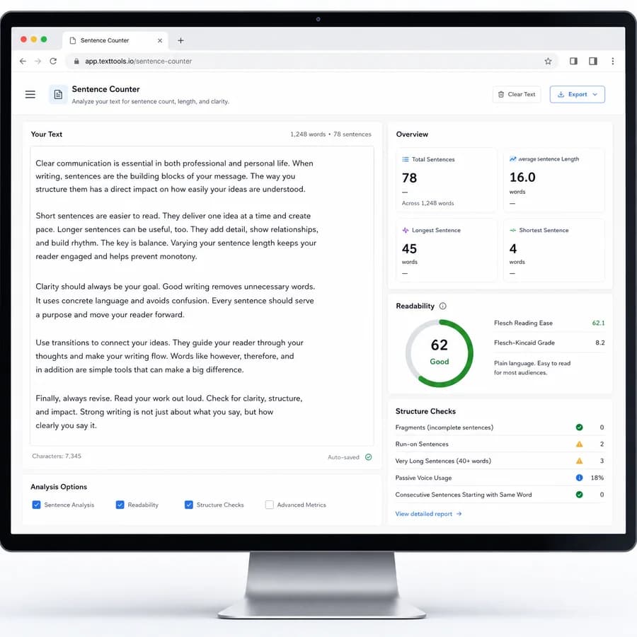 Sentence Counter browser interface preview with text metrics and result panels
