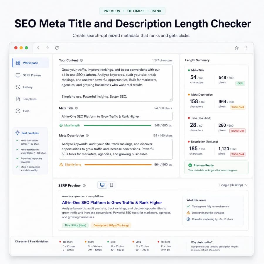 SEO Meta Title and Description Length Checker browser interface preview with text metrics and result panels