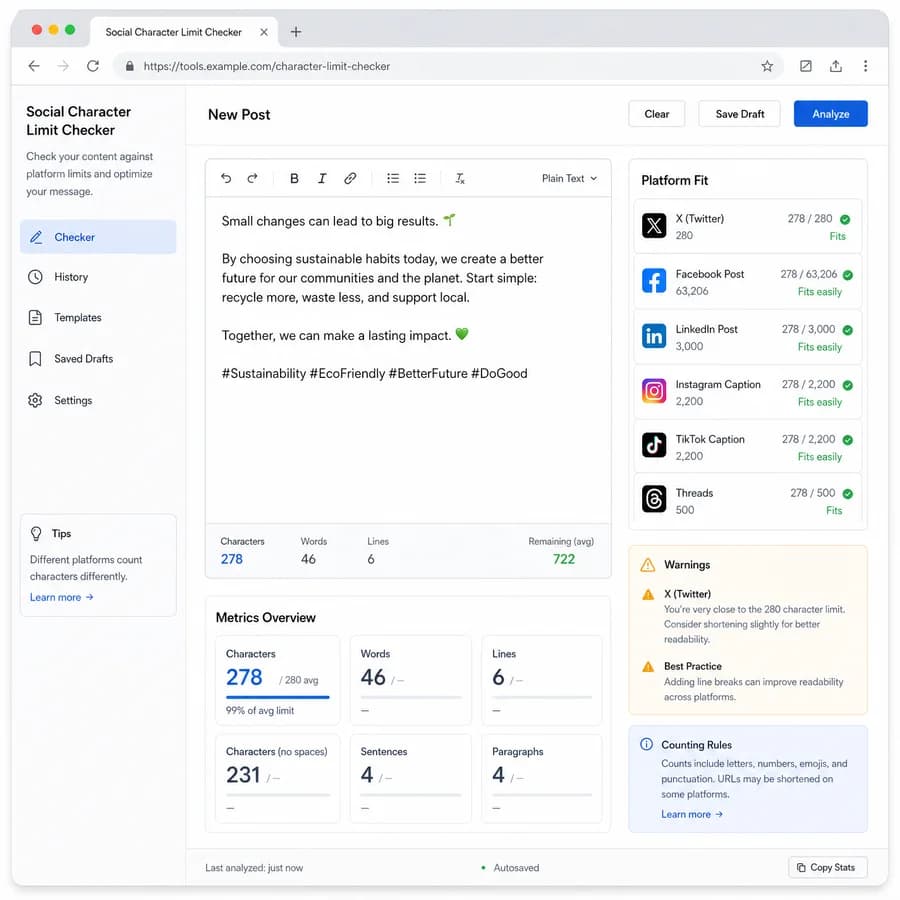 Social Character Limit Checker browser interface preview with text metrics and result panels