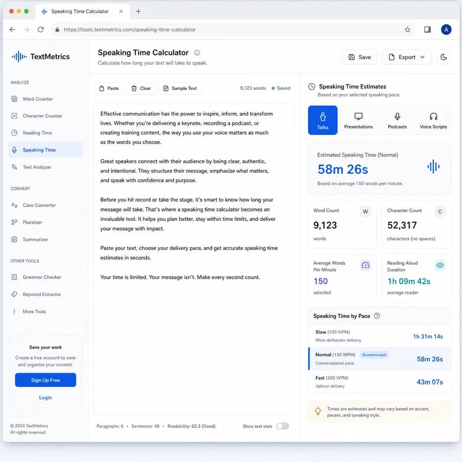 Speaking Time Calculator browser interface preview with text metrics and result panels