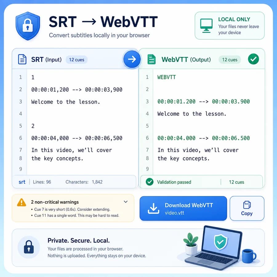 VTT to SRT Converter preview showing a browser-local subtitle workflow with copy-ready results