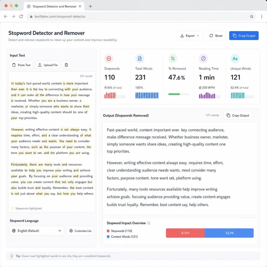Stopword Detector and Remover browser interface preview with text metrics and result panels