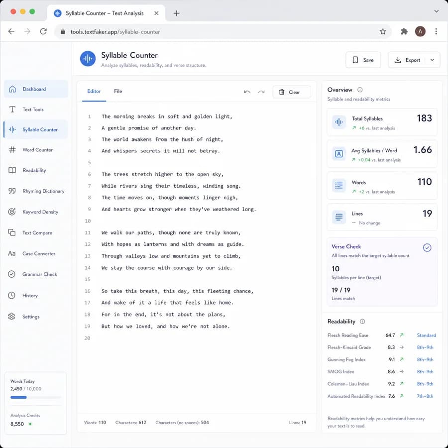 Syllable Counter browser interface preview with text metrics and result panels